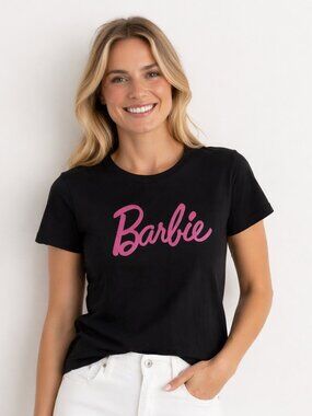 Mattel Barbie Black Graphic Tee Pink Logo T-Shirt Size Small
